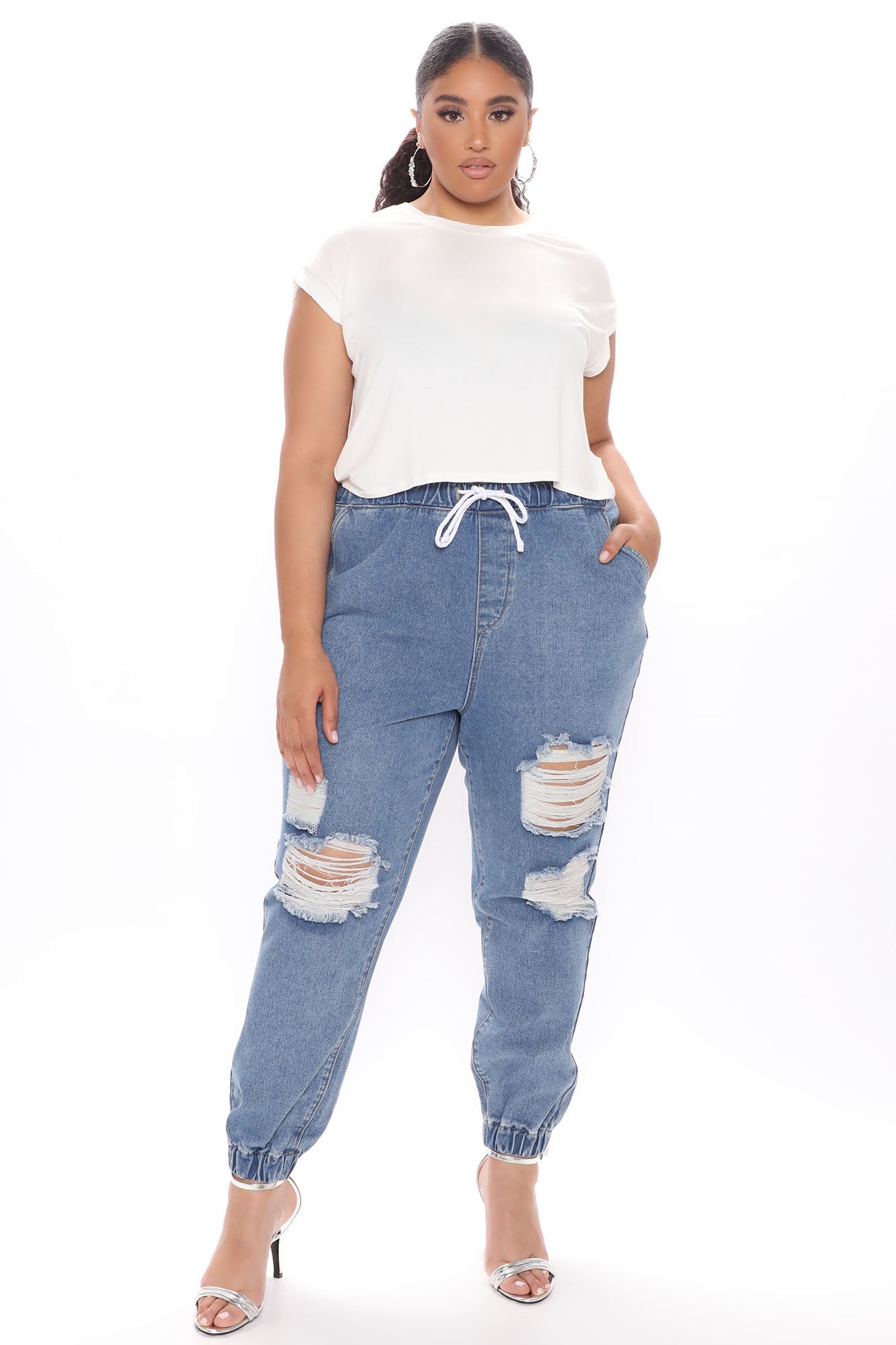 Take The Lead Ripped Denim Joggers - Medium Blue Wash