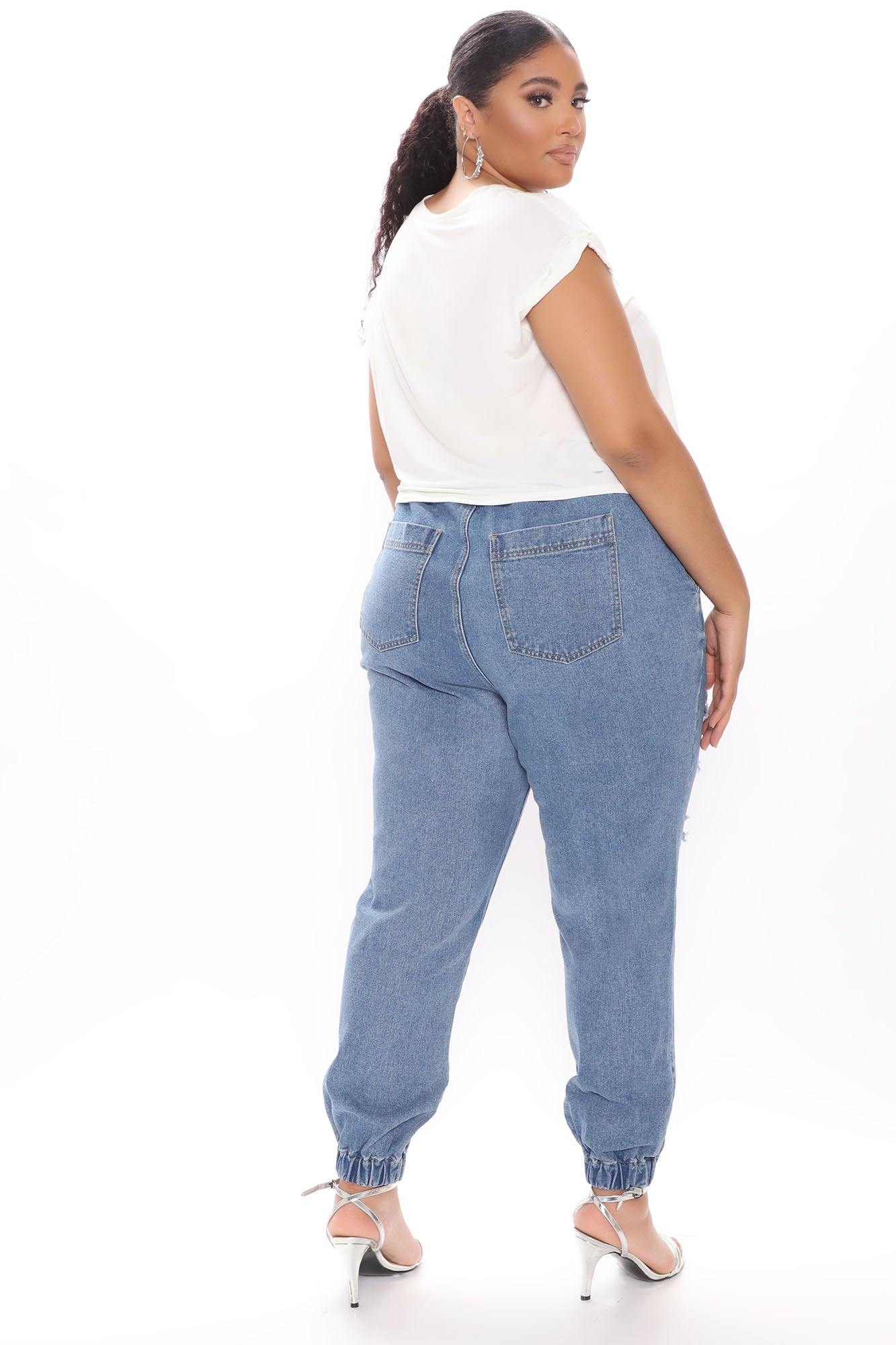 Take The Lead Ripped Denim Joggers - Medium Blue Wash