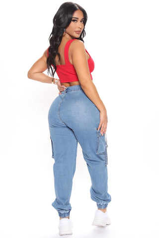 Stayin' Ready Stretch Cargo Denim Joggers - Medium Blue Wash
