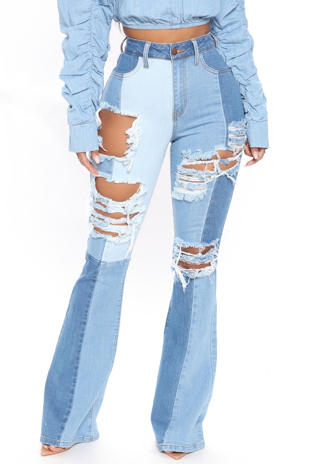 Two Timing High Rise Distressed Flare Jeans - Medium Blue Wash