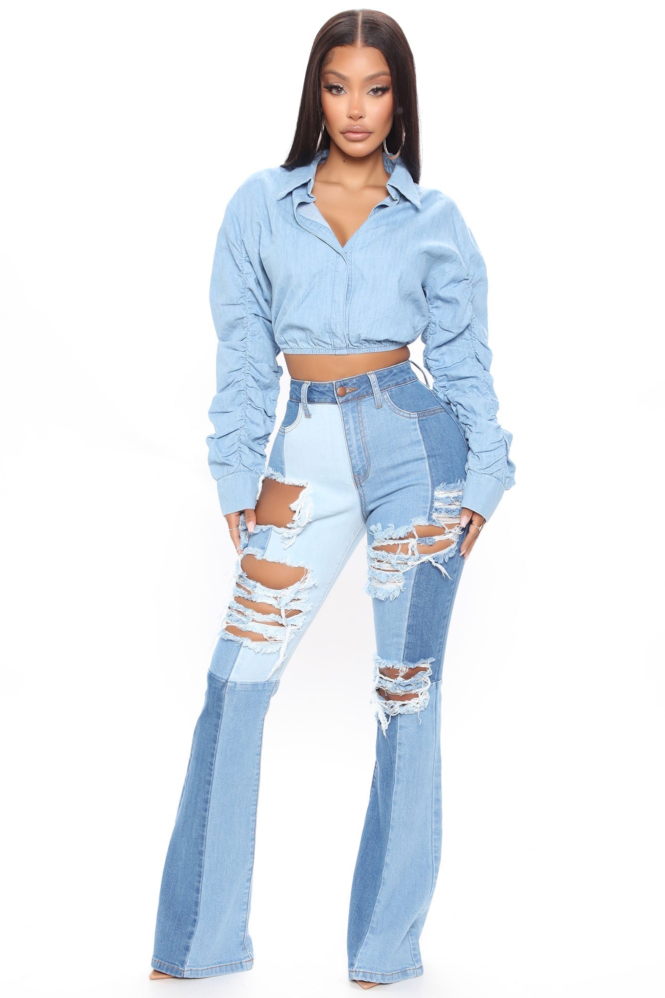 Two Timing High Rise Distressed Flare Jeans - Medium Blue Wash