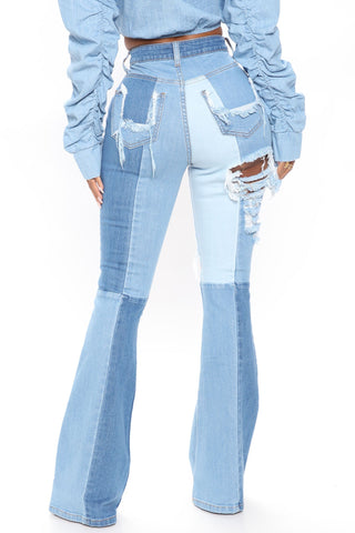 Two Timing High Rise Distressed Flare Jeans - Medium Blue Wash