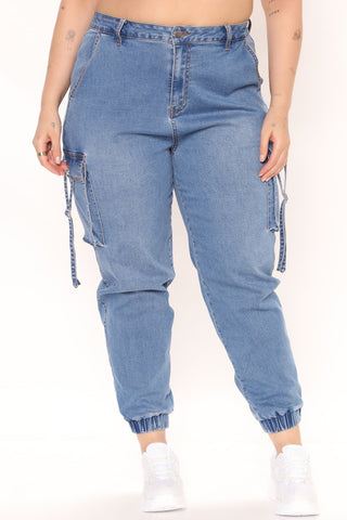 Stayin' Ready Stretch Cargo Denim Joggers - Medium Blue Wash
