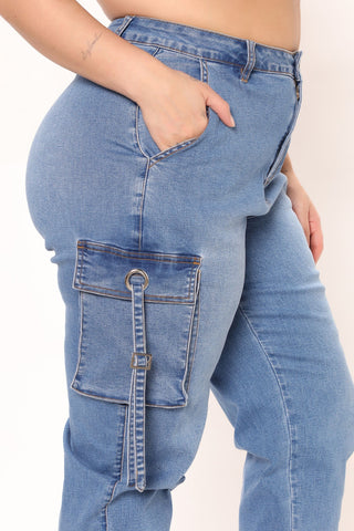 Stayin' Ready Stretch Cargo Denim Joggers - Medium Blue Wash