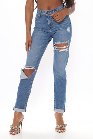 Tall Hometown Cutie Destroyed Mom Jeans - Medium Blue Wash