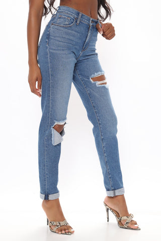 Tall Hometown Cutie Destroyed Mom Jeans - Medium Blue Wash