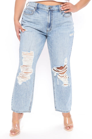 Sunday Brunch 90's Distressed Boyfriend Jeans - Medium Blue Wash
