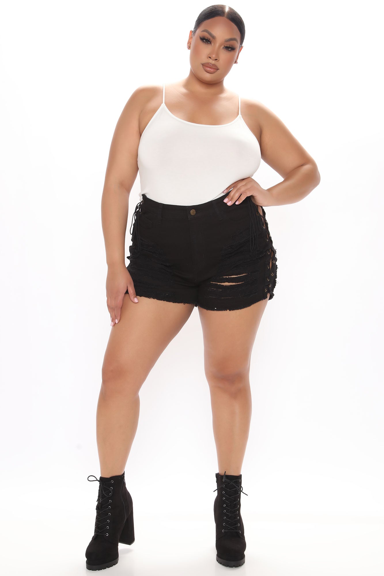 Time To Lace Up Ripped Denim Shorts - Black