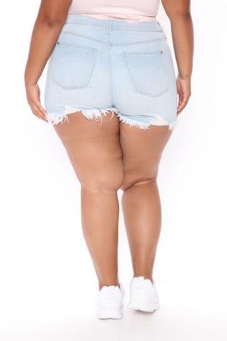 The Story Continues Distressed Denim Shorts - Light Blue Wash