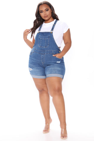 Waitin' On You Distressed Denim Shortalls - Medium Blue Wash