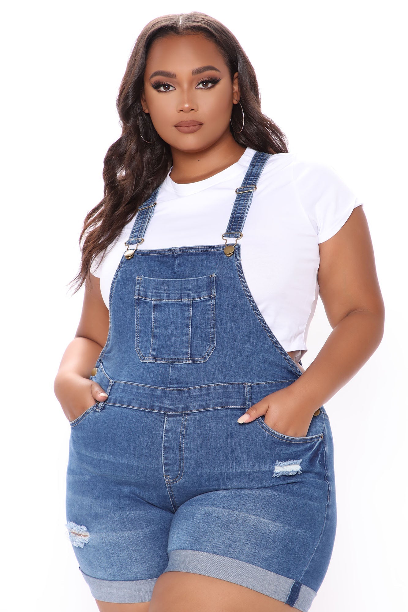 Waitin' On You Distressed Denim Shortalls - Medium Blue Wash