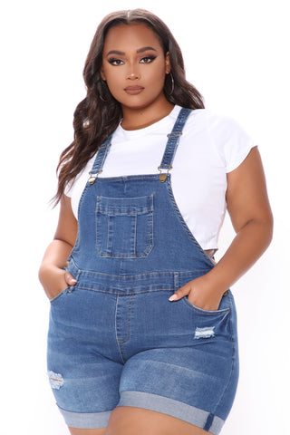 Waitin' On You Distressed Denim Shortalls - Medium Blue Wash