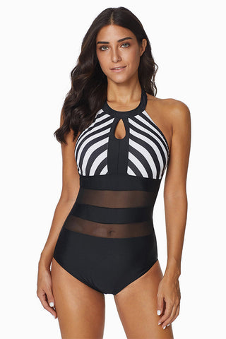 Halter Stripes High Neck One Piece Swimsuit