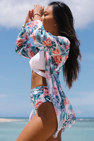 3 Pieces Leaf and Flower Print Twist Front Bikini Set