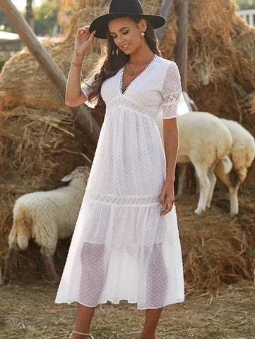 Swiss Dot Lace Trim Maxi Dress