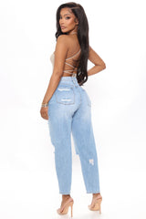 Why Don't You Relax Ripped Mom Jeans - Medium Blue Wash