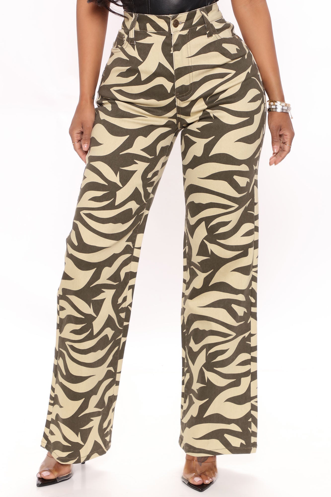 Wild Child Printed Straight Leg Jeans - Olive/combo