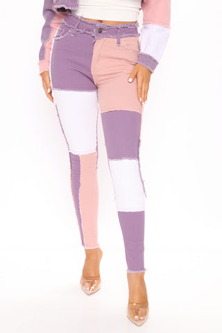 Stuck In A Dream Patchwork Skinny Jeans - Purple/combo