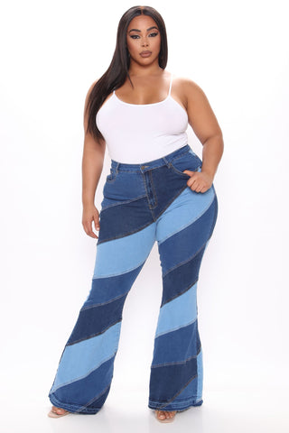 Spiraling Out Of Control Patchwork Flare Jeans - Blue/combo