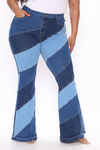 Spiraling Out Of Control Patchwork Flare Jeans - Blue/combo