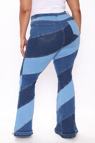 Spiraling Out Of Control Patchwork Flare Jeans - Blue/combo