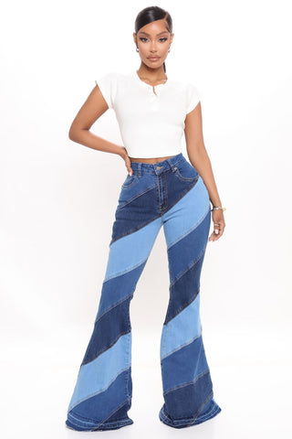 Spiraling Out Of Control Patchwork Flare Jeans - Blue/combo