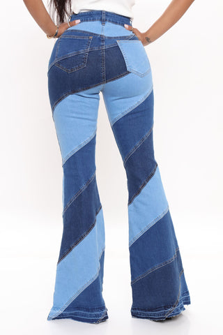 Spiraling Out Of Control Patchwork Flare Jeans - Blue/combo