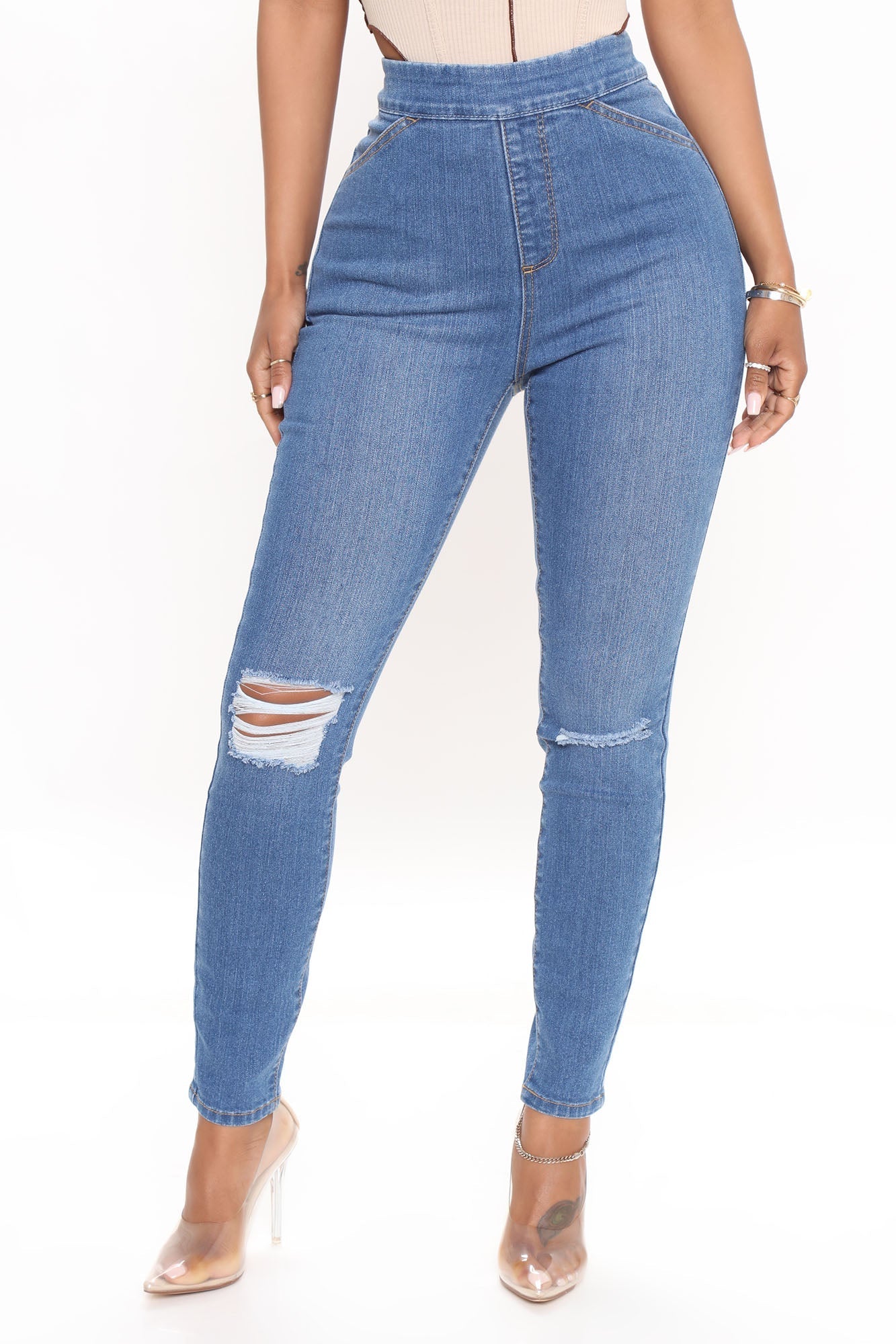 Talk It Out Stretch Pull On Jeggings - Medium Blue Wash