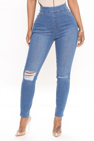 Talk It Out Stretch Pull On Jeggings - Medium Blue Wash