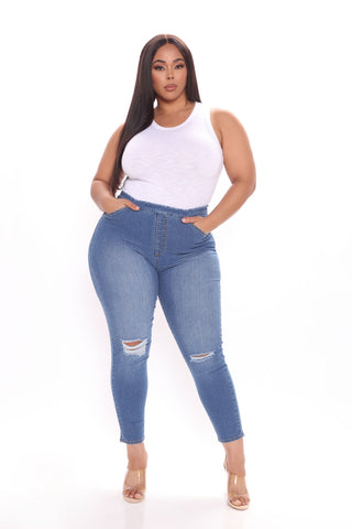 Talk It Out Stretch Pull On Jeggings - Medium Blue Wash
