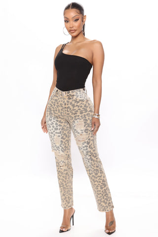 You're Lucky Ripped Straight Leg Jeans - Leopard