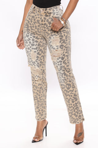 You're Lucky Ripped Straight Leg Jeans - Leopard