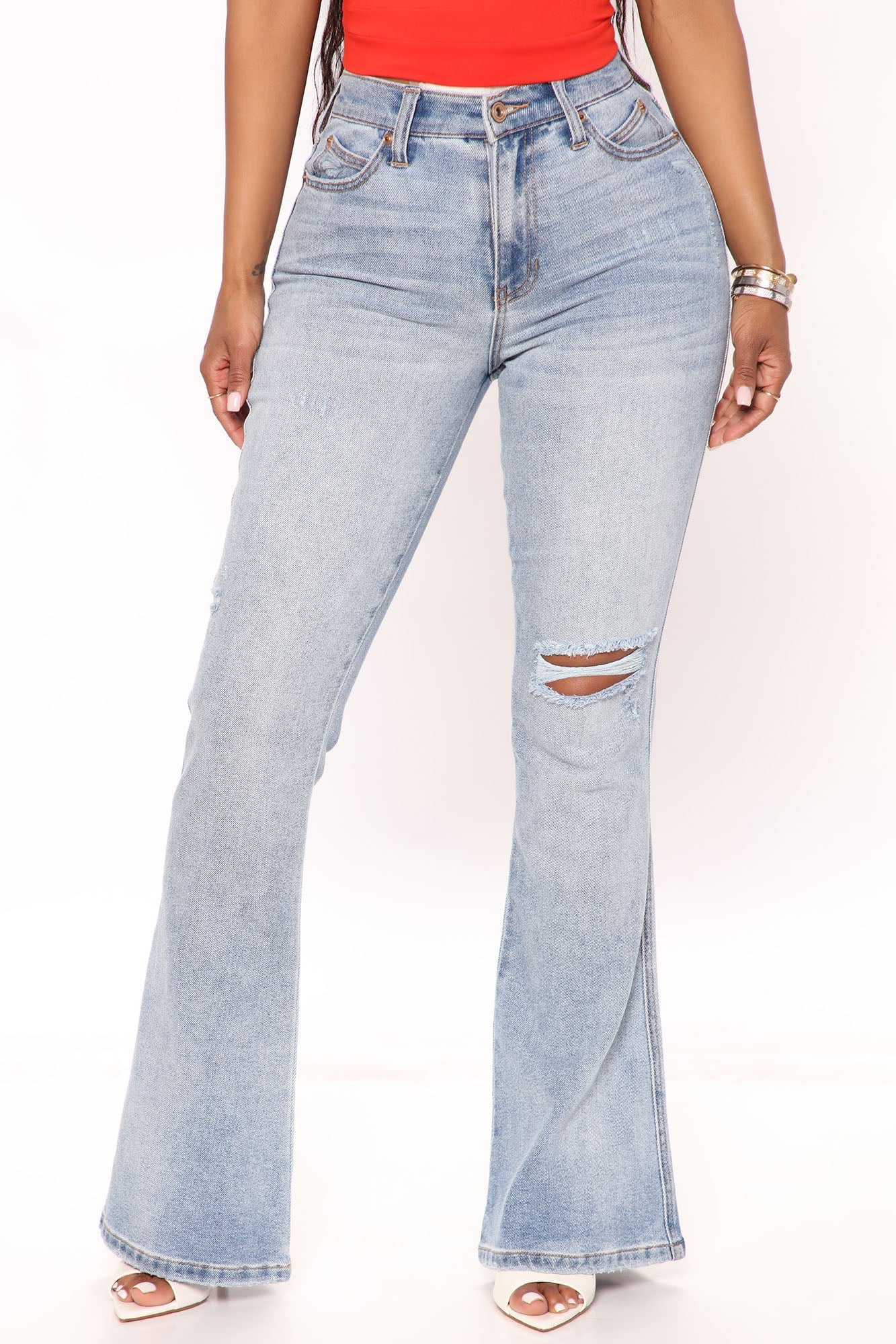 Two Step Distressed Flare Jeans - Light Blue Wash
