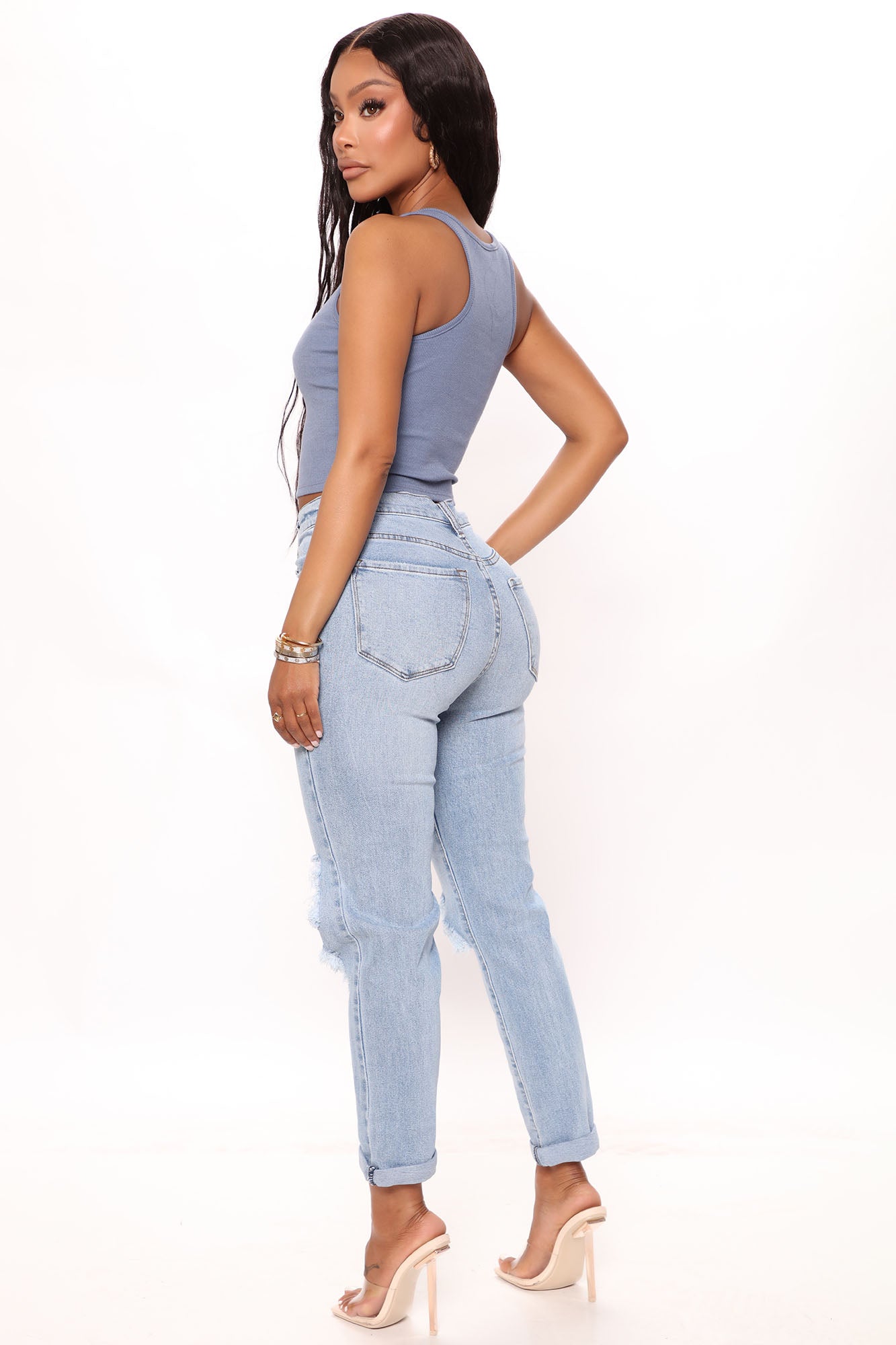 Tabloid Starlet Ripped Mom Jeans - Light Blue Wash