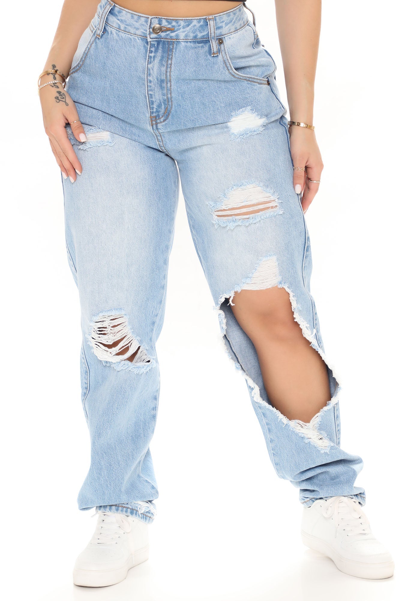 Sugar Daddy Destroyed Slouch Fit Jeans - Light Blue Wash
