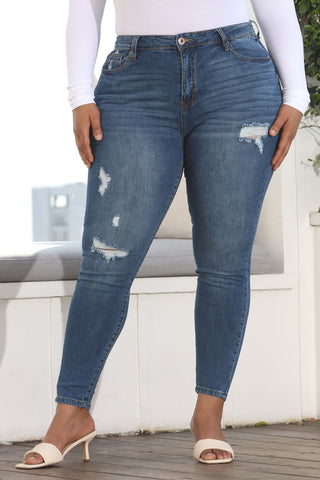 Tabitha Mid Rise Ripped Skinny Jeans - Medium Blue Wash