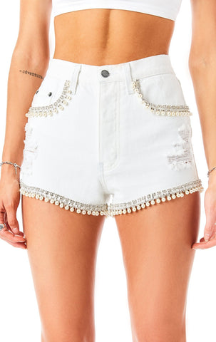 TITANIA RHINESTONE PEARL FRINGE DENIM SHORT