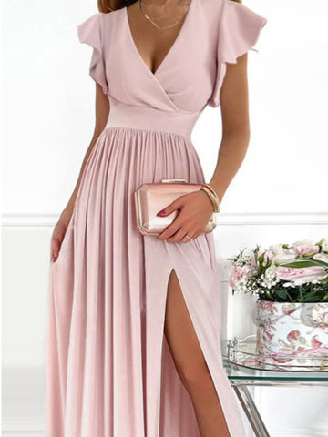 V-Neck Printed Short Sleeve Slit Dress