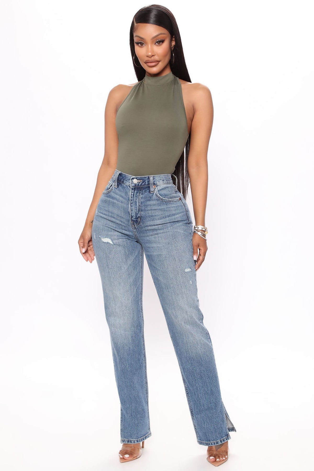 Stella Side Slit Straight Leg Jeans - Medium Blue Wash