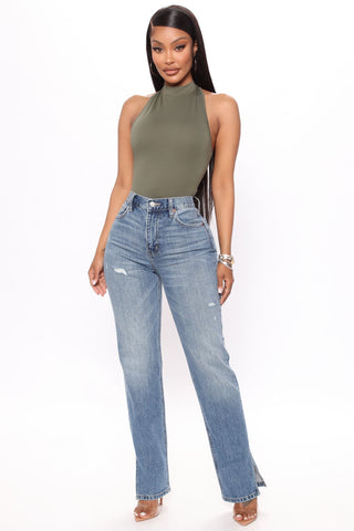 Stella Side Slit Straight Leg Jeans - Medium Blue Wash
