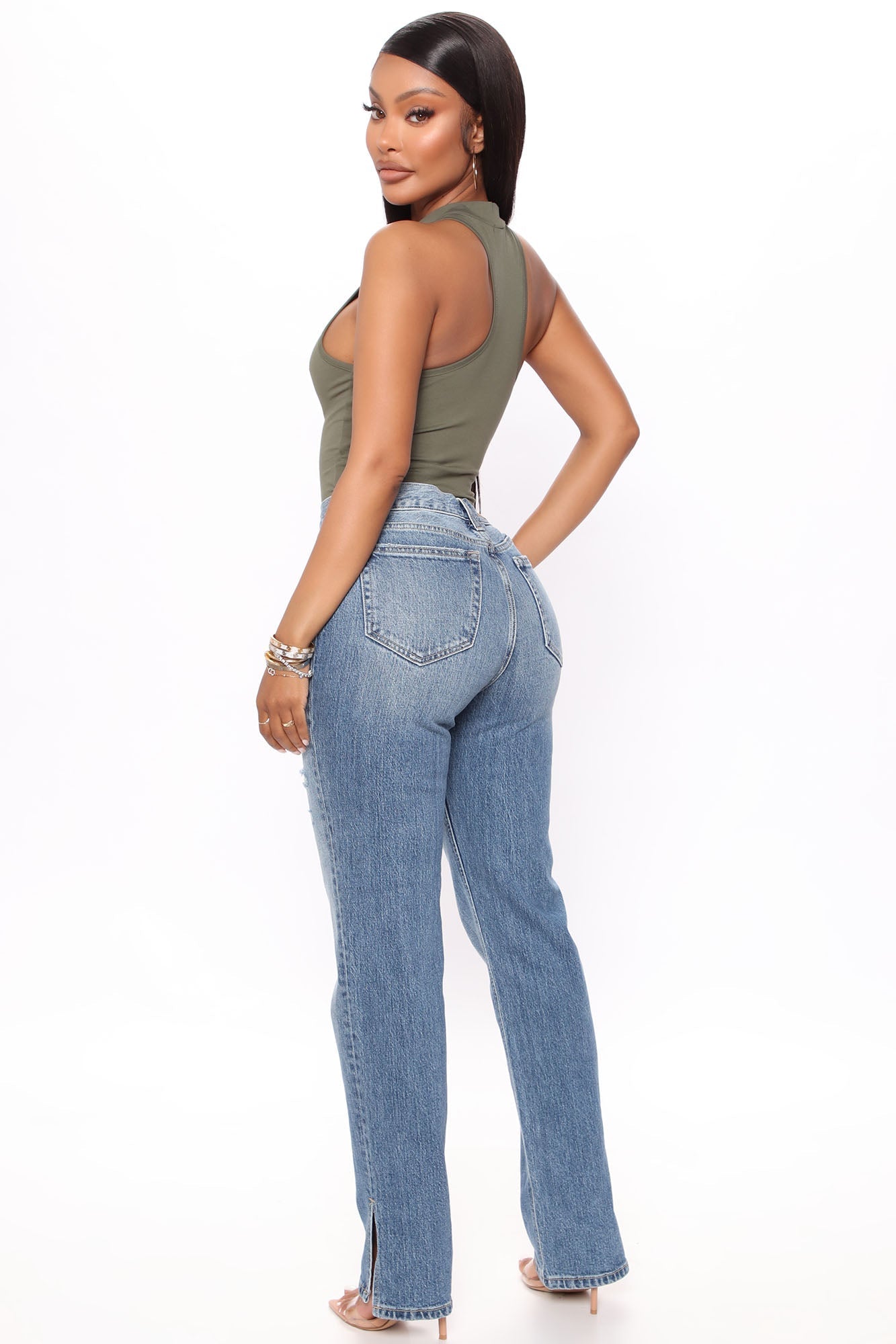 Stella Side Slit Straight Leg Jeans - Medium Blue Wash
