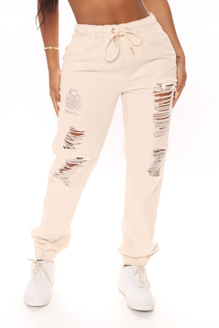 Take The Lead Ripped Denim Joggers - Sand