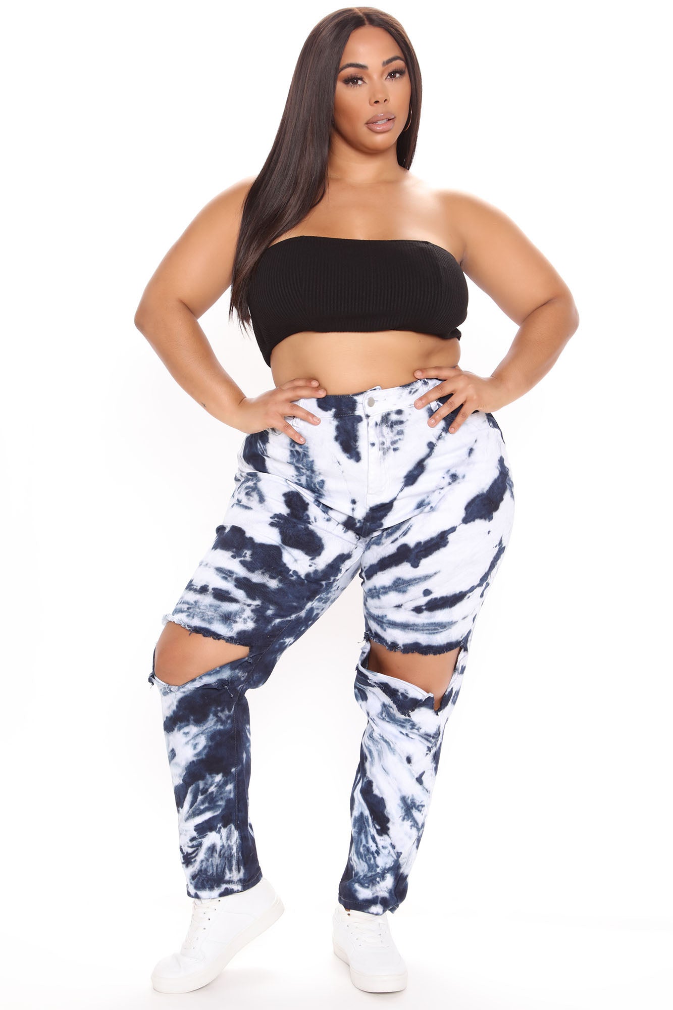 Stormy Clouds Stretch Tie Dye Mom Jeans - White/Blue
