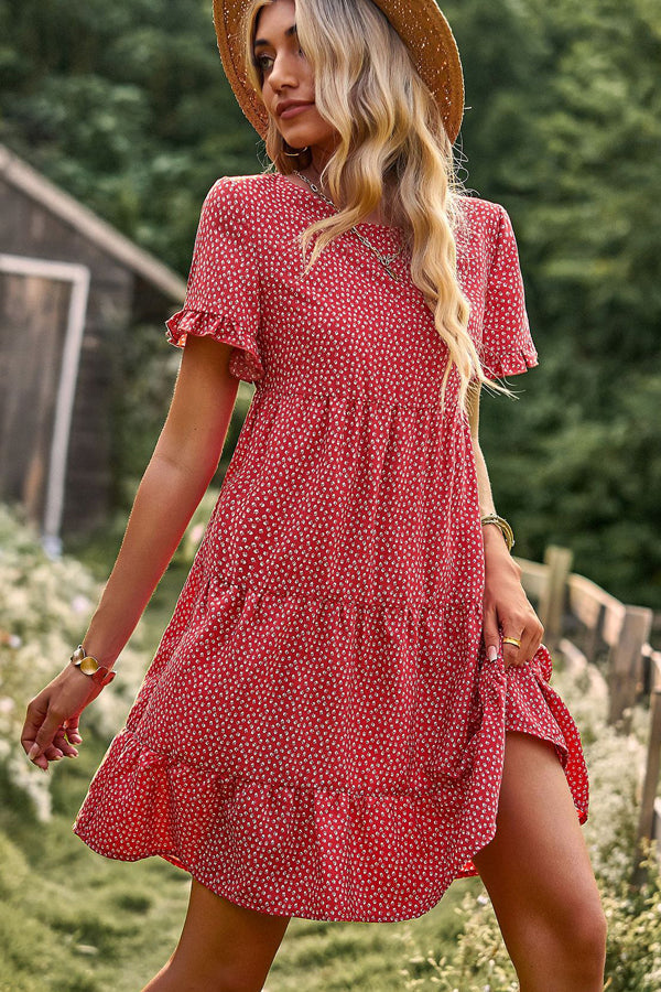 Cute Round Neck Floral Print Mini Dress