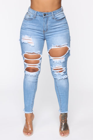 Talk Of The Town Distressed Skinny Jeans - Light Blue Wash