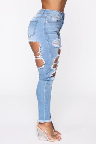 Talk Of The Town Distressed Skinny Jeans - Light Blue Wash