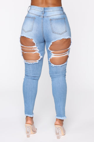 Talk Of The Town Distressed Skinny Jeans - Light Blue Wash