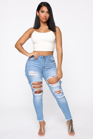 Talk Of The Town Distressed Skinny Jeans - Light Blue Wash