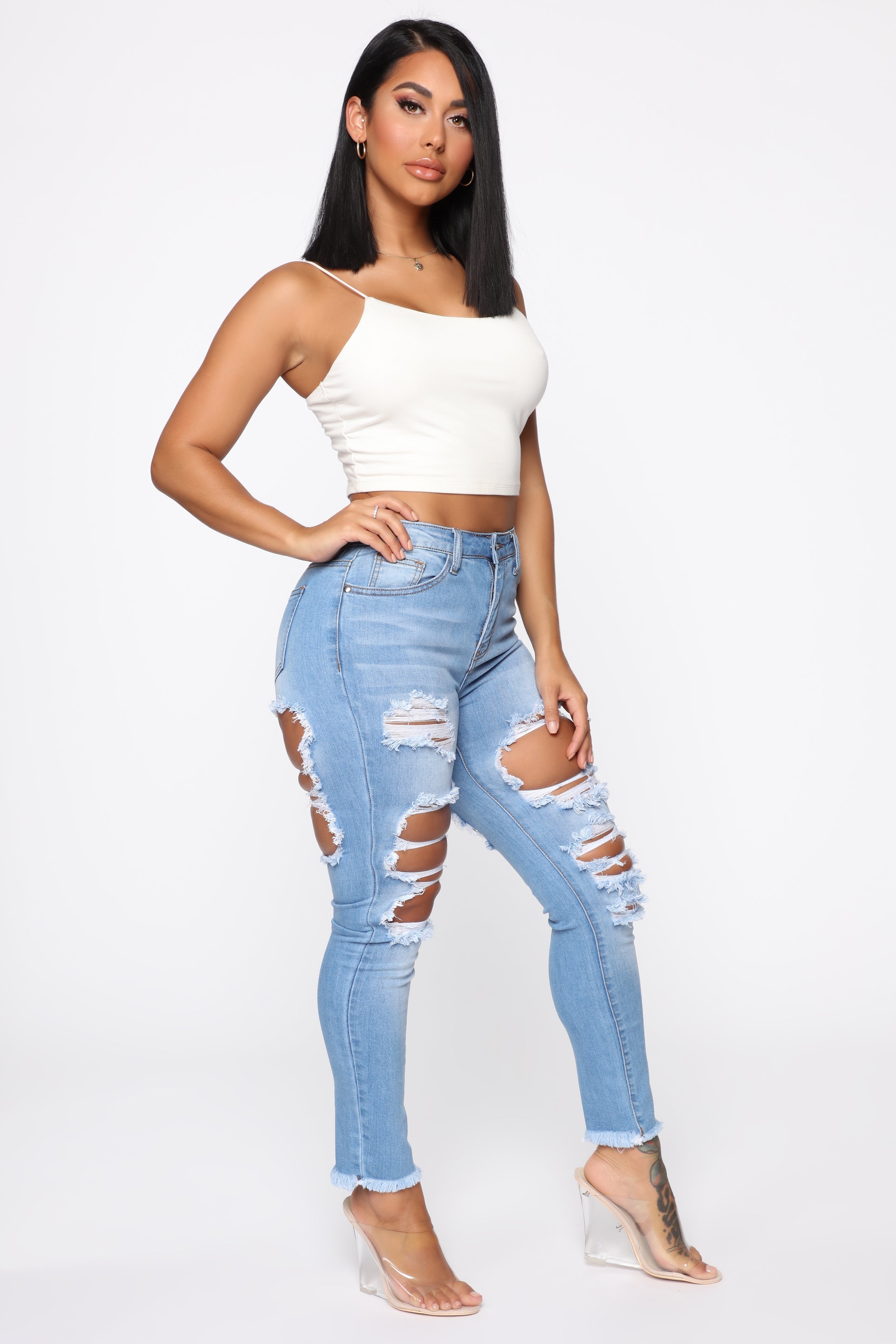 Talk Of The Town Distressed Skinny Jeans - Light Blue Wash