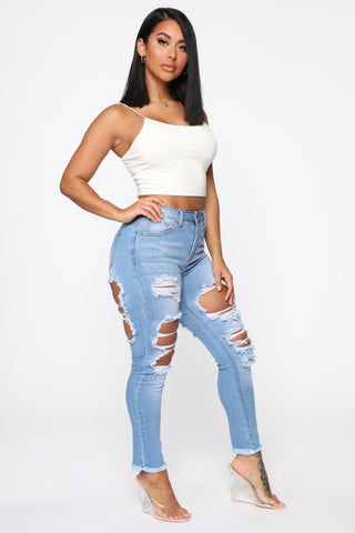 Talk Of The Town Distressed Skinny Jeans - Light Blue Wash